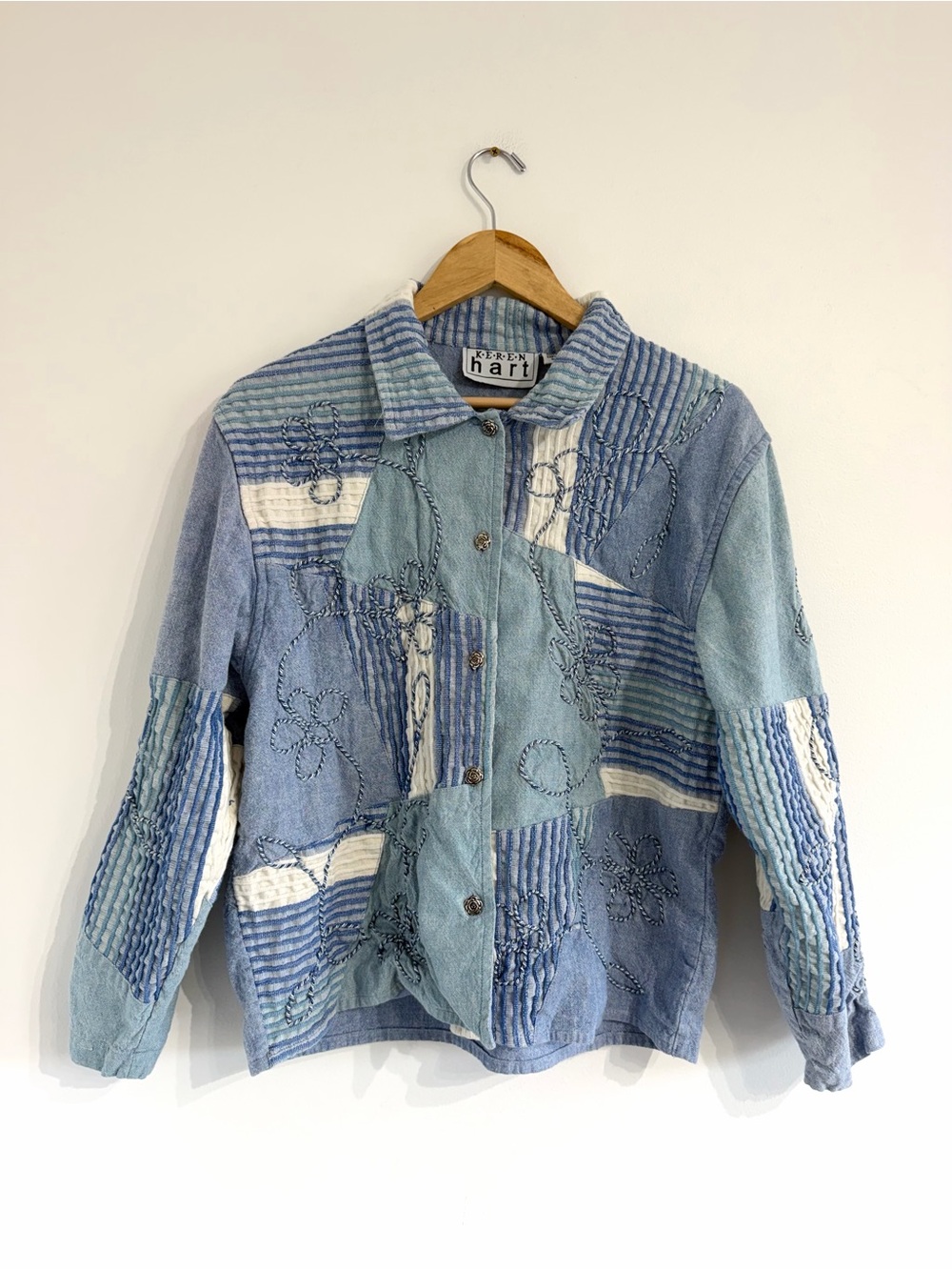 Keren Hart Vintage Blue Patchwork Embroidered Denim Jacket Floral